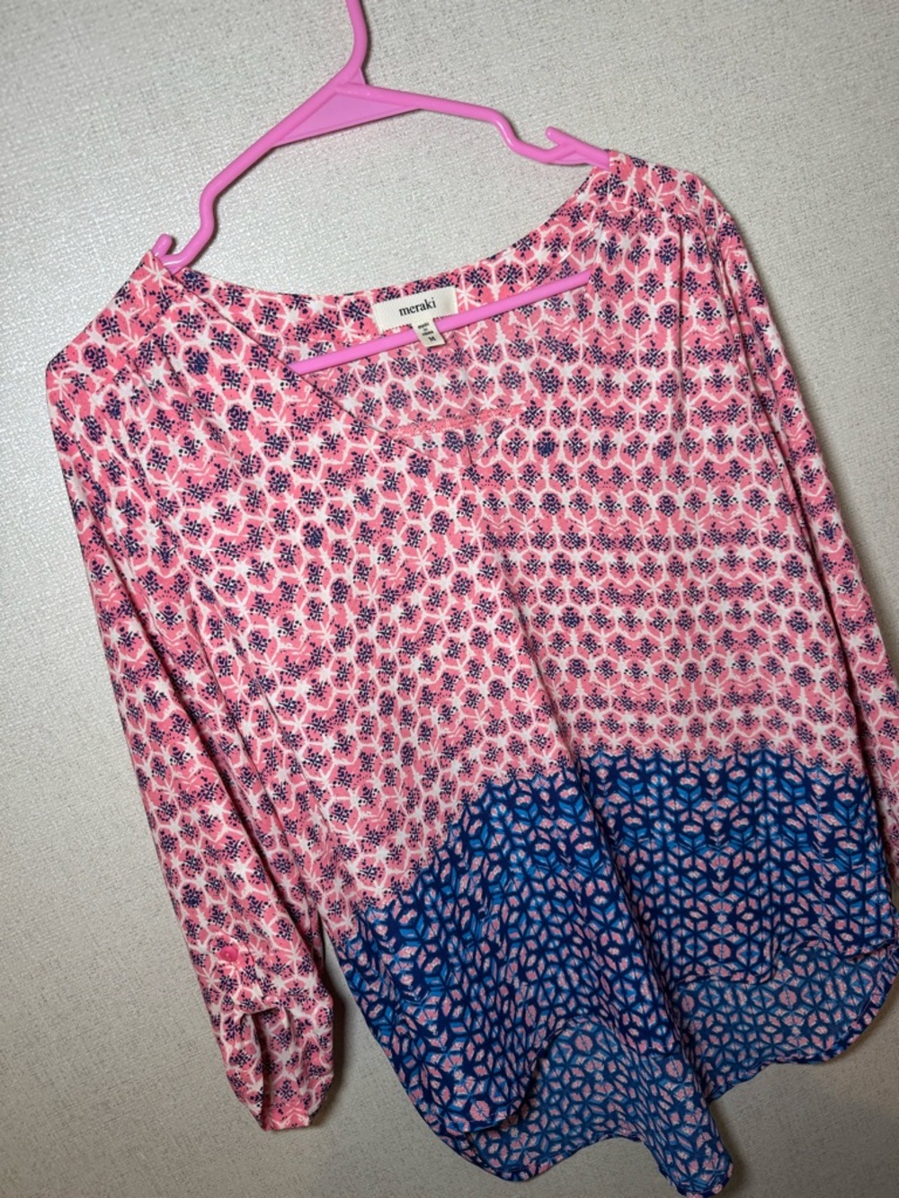meraki Pink and Blue Patterned Long-Sleeve Top